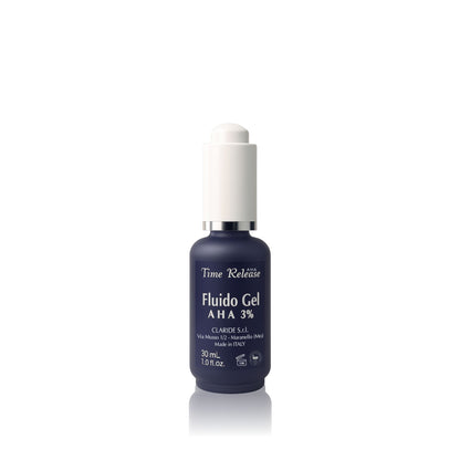 Flacone con contagocce del Fluido Gel AHA 3% di Time Release, un siero viso esfoliante e idratante da 30 ml per rinnovare la pelle.