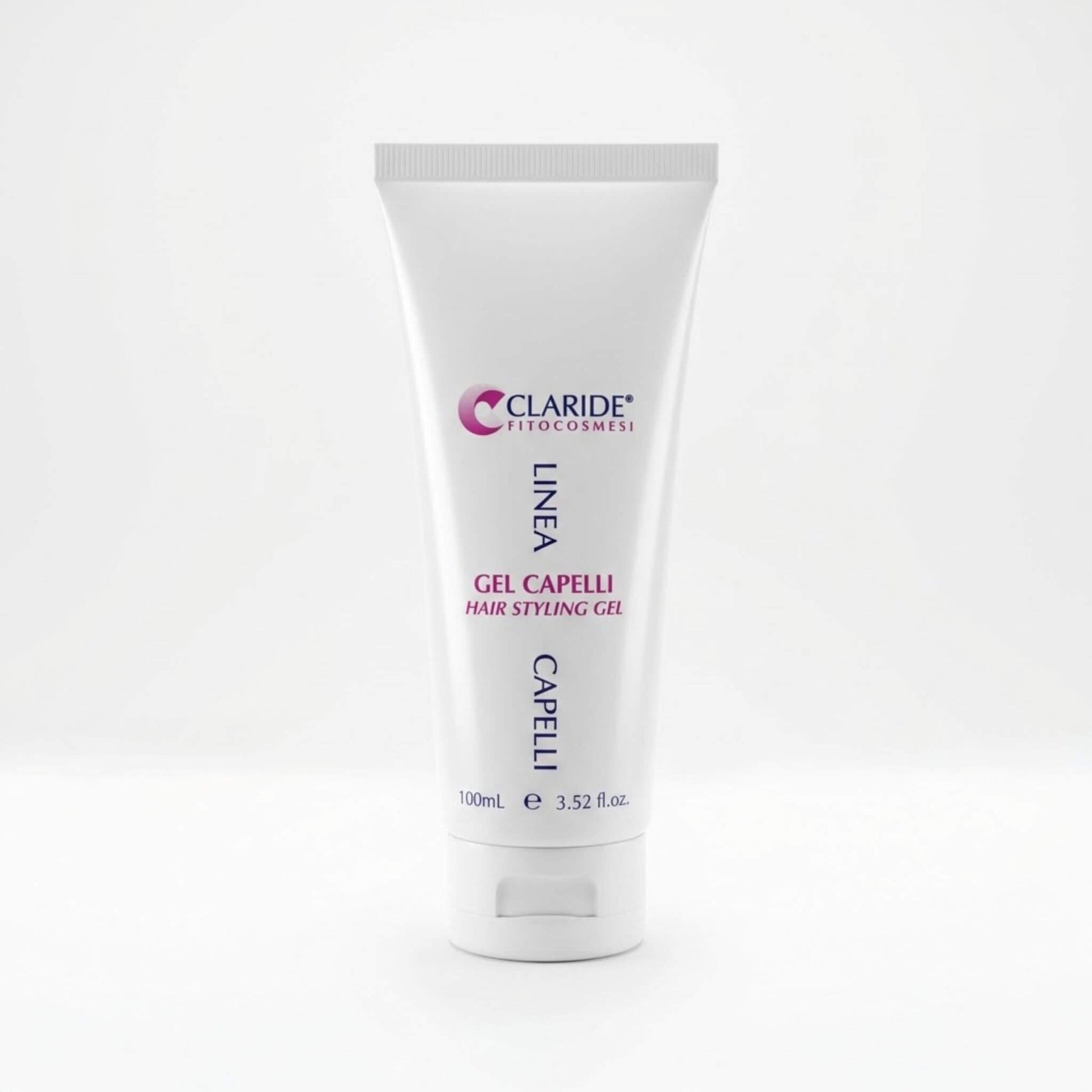 Tubo bianco da 100ml del Gel Capelli Claride Fitocosmesi. Prodotto per lo styling ad azione modellante e fissante, formulato per definire l'acconciatura a lungo senza seccare i capelli o lasciare residui, su fondo bianco.