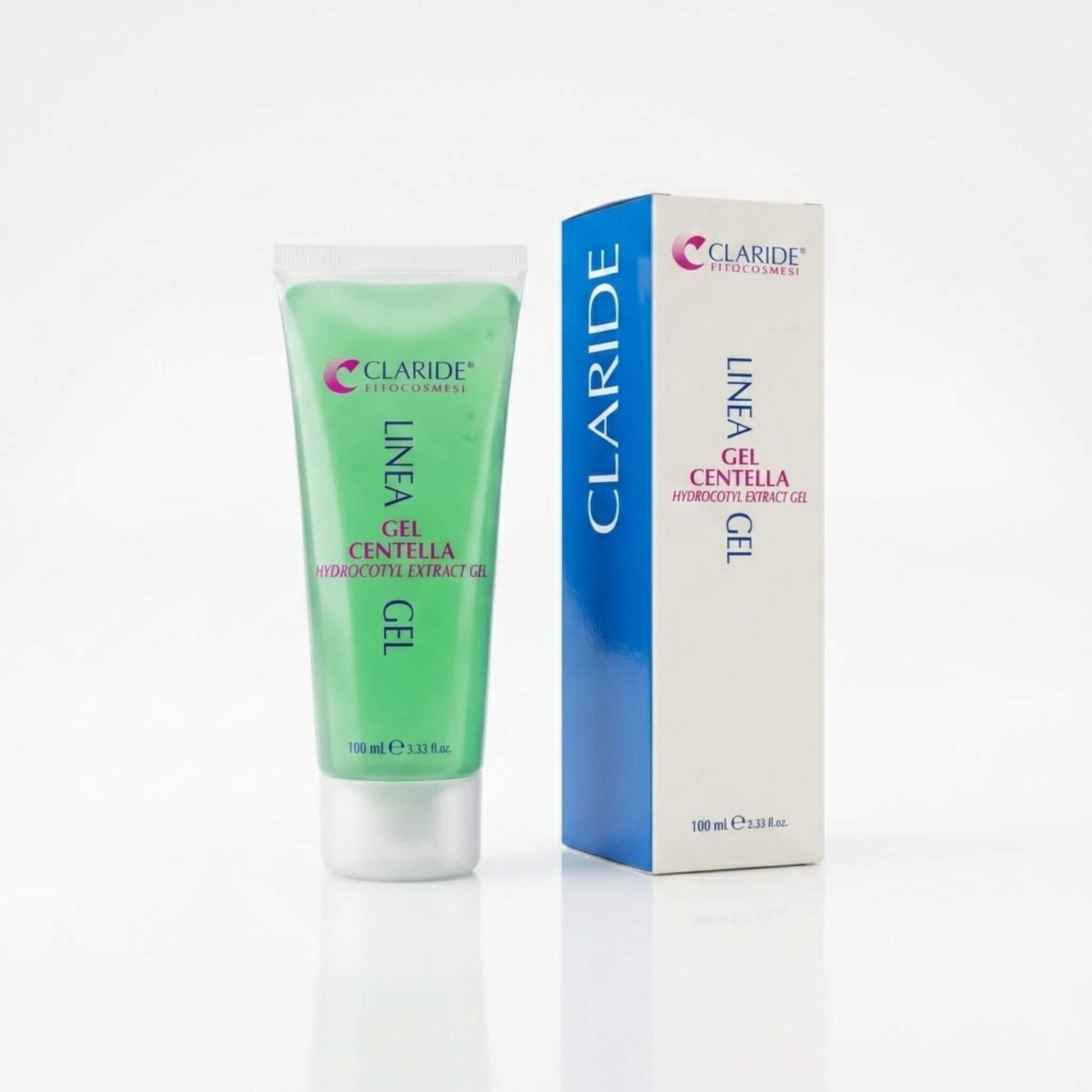 Tubo trasparente che mostra la brillante texture in gel verde e scatola bianca con pannello blu del Gel Centella Claride Fitocosmesi. Trattamento corpo vasoprotettore (Hydrocotyl Extract Gel) per stimolare il microcircolo, proteggere i capillari e alleviare il gonfiore, su fondo bianco neutro.