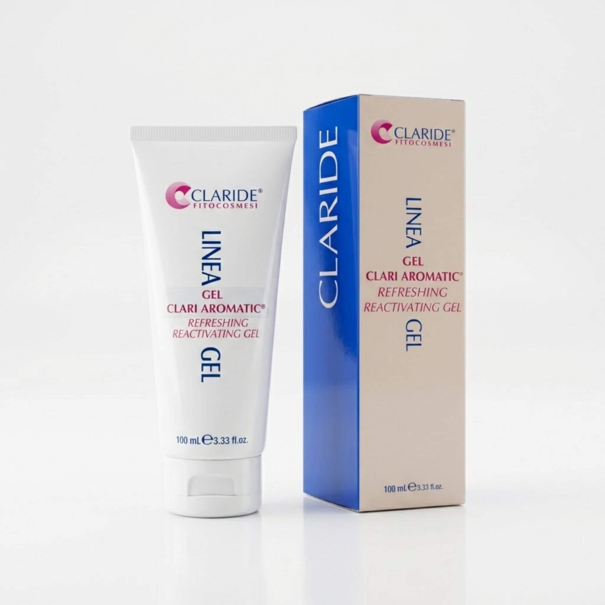 Tubo bianco e scatola panna con pannello laterale blu del Gel Clari Aromatic Claride Fitocosmesi. Trattamento corpo rinfrescante e riattivante (Refreshing Reactivating Gel) per dare sollievo immediato e stimolare il microcircolo di gambe e muscoli affaticati, su fondo bianco neutro.