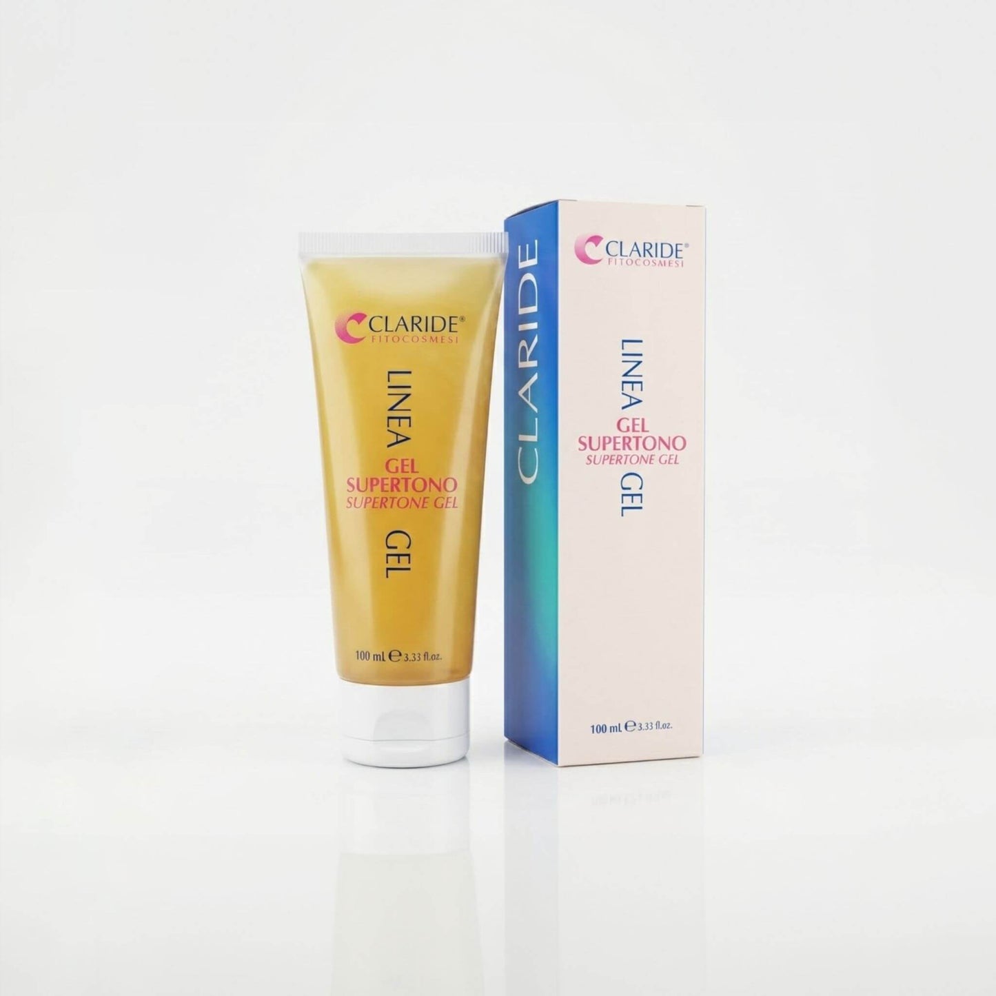 Tubo da 100ml di Gel Supertono corpo Claride Fitocosmesi con texture dorata visibile e scatola coordinata bianca e blu. Trattamento tonificante e rassodante intensivo per la pelle del corpo, su fondo bianco con riflesso.