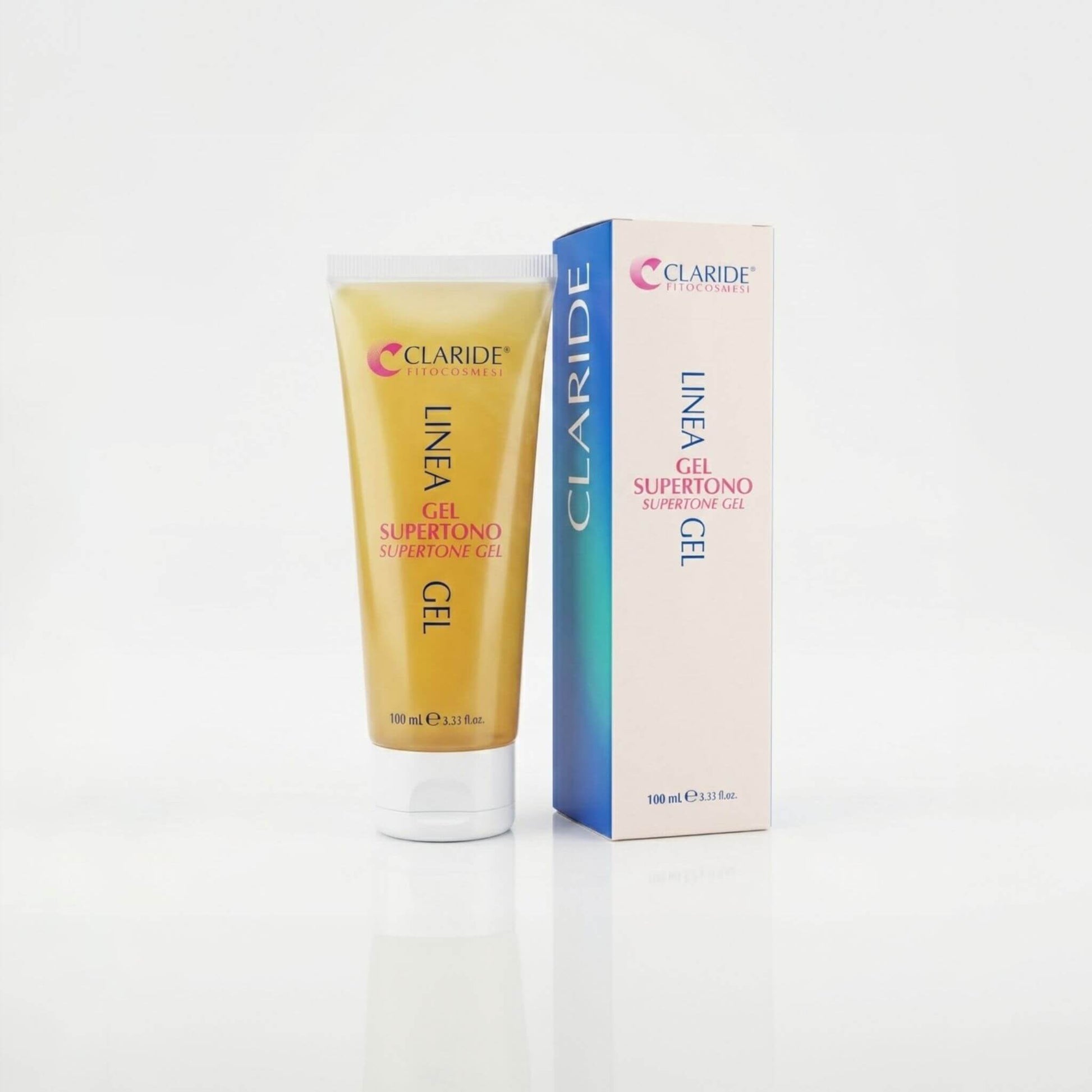Tubo da 100ml di Gel Supertono corpo Claride Fitocosmesi con texture dorata visibile e scatola coordinata bianca e blu. Trattamento tonificante e rassodante intensivo per la pelle del corpo, su fondo bianco con riflesso.