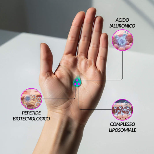 Mano che mostra la texture di una goccia di siero viso, con grafiche che illustrano i benefici del Complesso Liposomiale, Acido Ialuronico e Peptide Biotecnologico per la pelle.