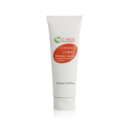 Tubo del Gommage Corpo esfoliante di Claride Fitocosmesi da 250 ml con Fango Termale Austriaco e microgranuli di gusci di Mandorle per una pelle liscia e rinnovata.