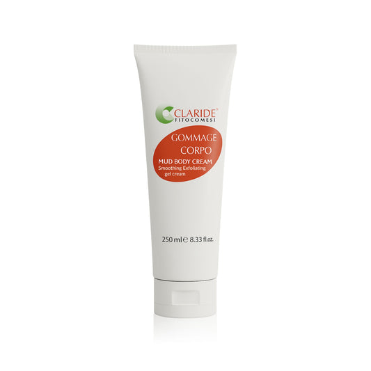 Tubo del Gommage Corpo esfoliante di Claride Fitocosmesi da 250 ml con Fango Termale Austriaco e microgranuli di gusci di Mandorle per una pelle liscia e rinnovata.