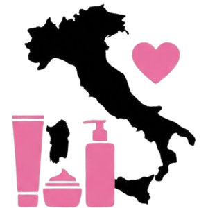 Icona della mappa dell'Italia con un cuore rosa e flaconi di cosmetici, simbolo di prodotti di bellezza Made in Italy.