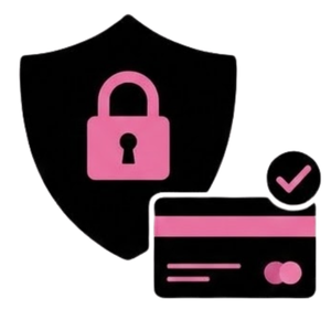 Icona di uno scudo con lucchetto e una carta di credito con segno di spunta, simbolo di transazioni e pagamenti sicuri.