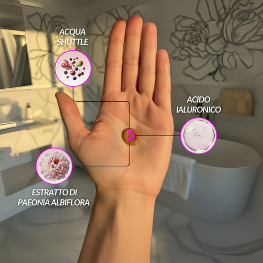 Immagine di una mano con una goccia di BB Cream Light, collegata tramite linee a cerchi che illustrano gli ingredienti chiave: Acqua Shuttle (con frutti rossi), Acido Ialuronico (liquido trasparente) ed Estratto di Peonia Albiflora (fiore di peonia rosa chiaro).