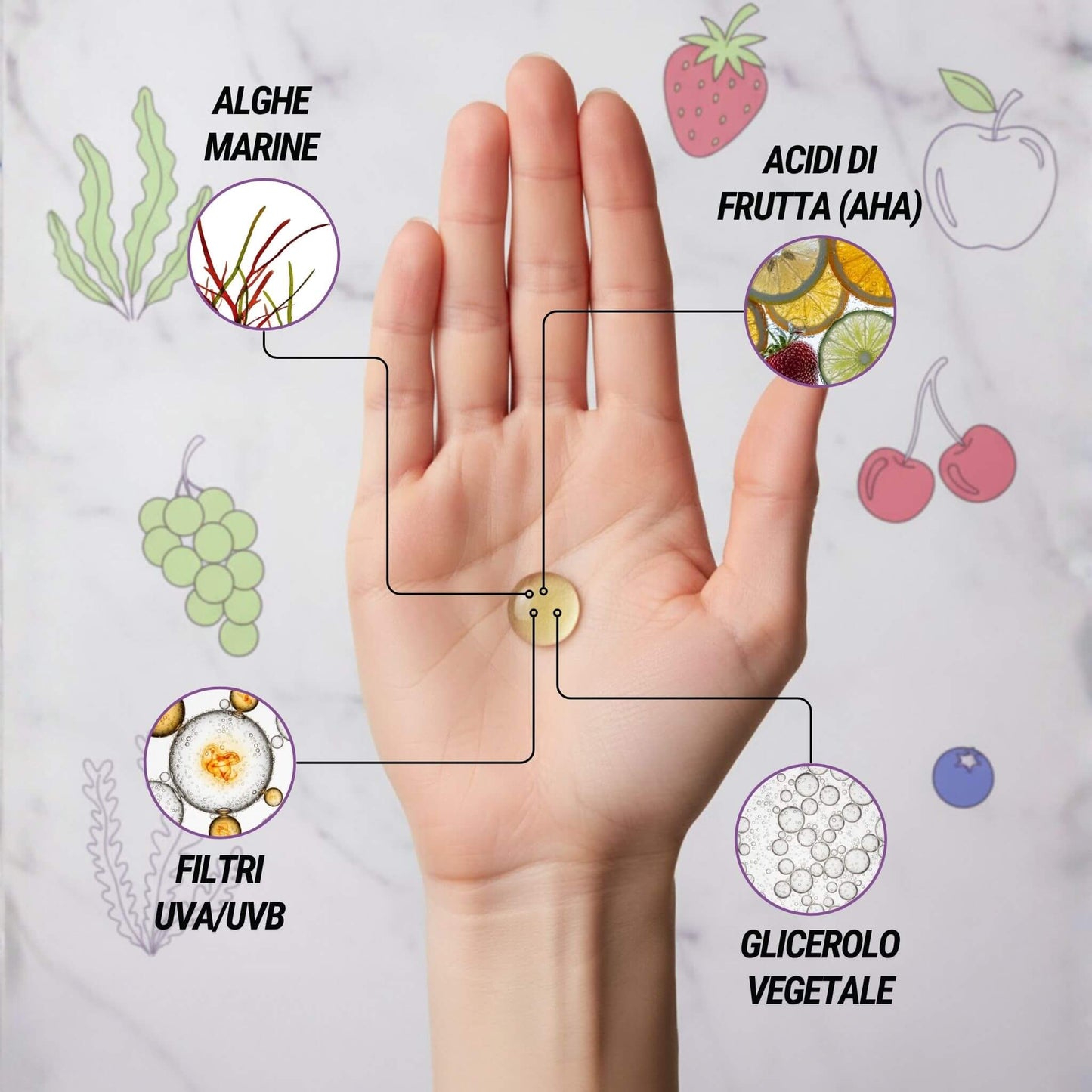 Infografica che mostra gli ingredienti principali di un siero schiarente su una mano: Alghe Marine, Acidi di Frutta (AHA), Filtri UVA/UVB e Glicerolo Vegetale.