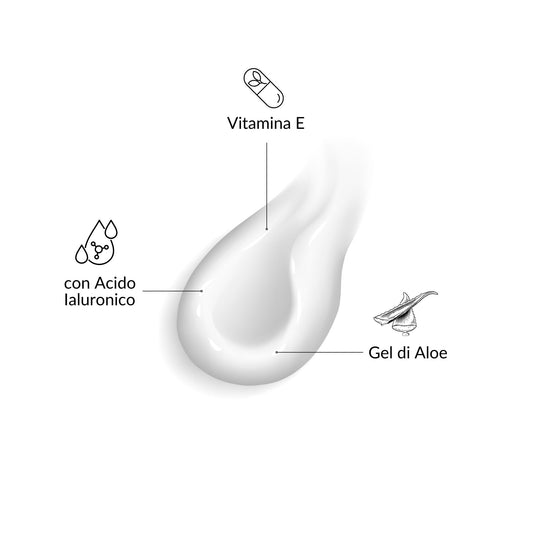 Texture della Crema Hydrissima Claride fitocosmesi con i suoi ingredienti principali: icona di Acido Ialuronico, Vitamina E e Gel di Aloe.