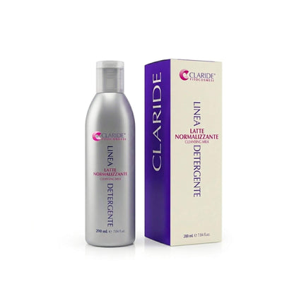Flacone e scatola da 200 ml di Latte Normalizzante della Linea Detergente, a marchio Claride Fitocosmesi.