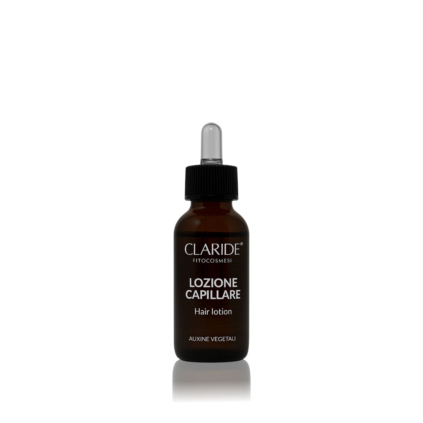Flacone in vetro da 50 ml con contagocce della Lozione Capillare Anticaduta Claride Fitocosmesi a base di Auxine Vegetali e Pantenolo per stimolare la crescita e rinforzare i capelli.
