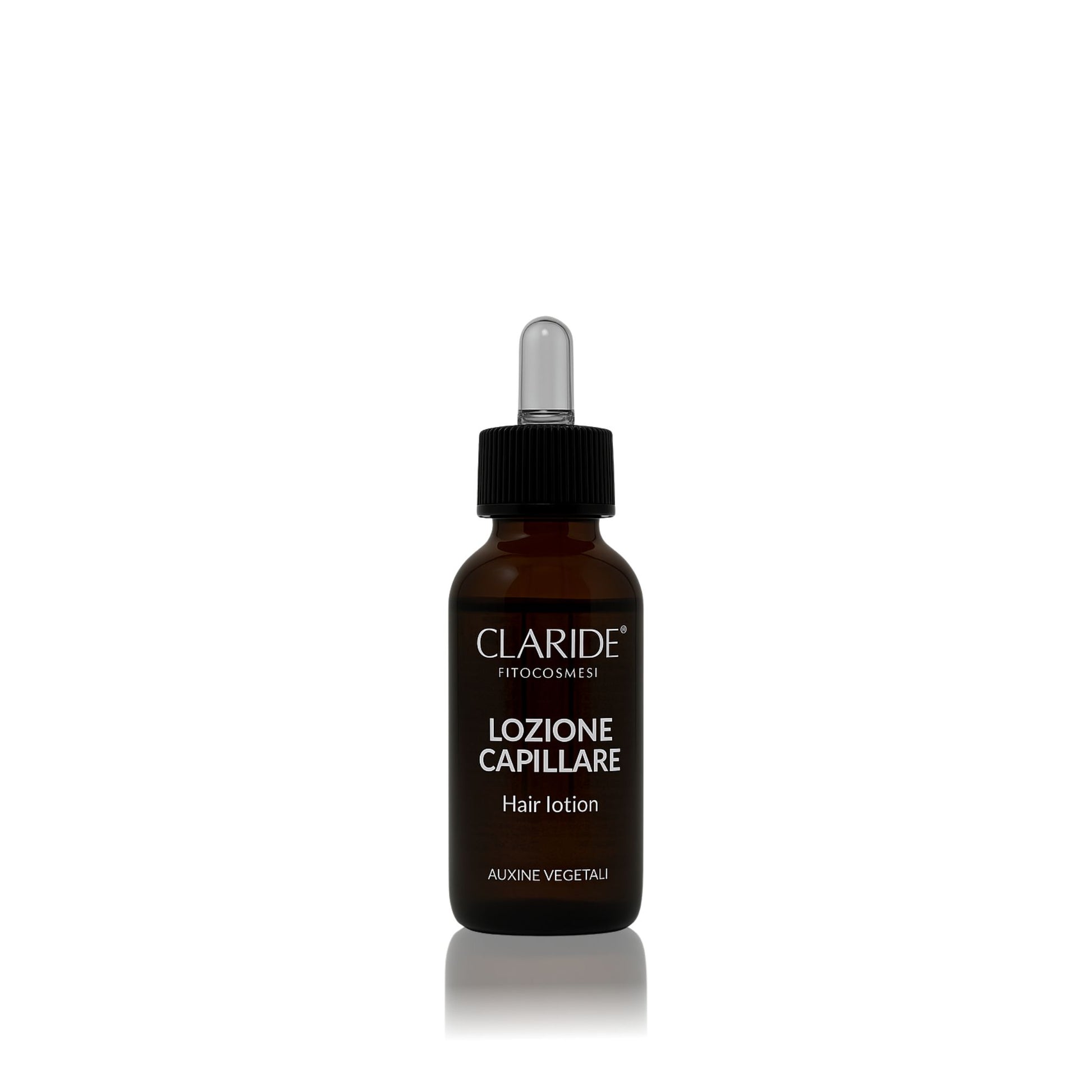 Flacone in vetro da 50 ml con contagocce della Lozione Capillare Anticaduta Claride Fitocosmesi a base di Auxine Vegetali e Pantenolo per stimolare la crescita e rinforzare i capelli.