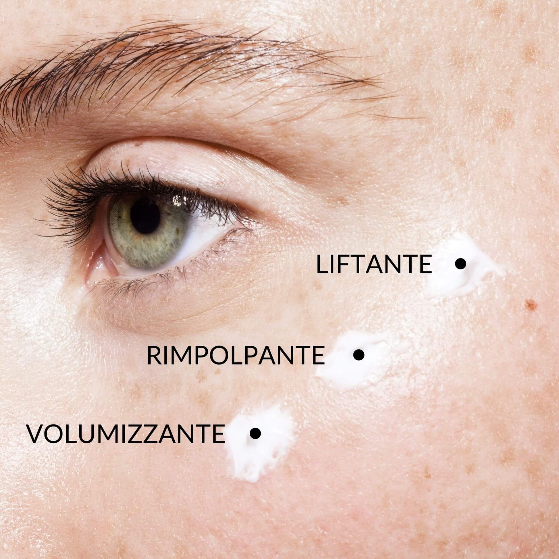 Texture di crema viso aha 5 claride fitocosmesi time release viso su pelle del contorno occhi con benefici evidenziati: liftante, rimpolpante, volumizzante.