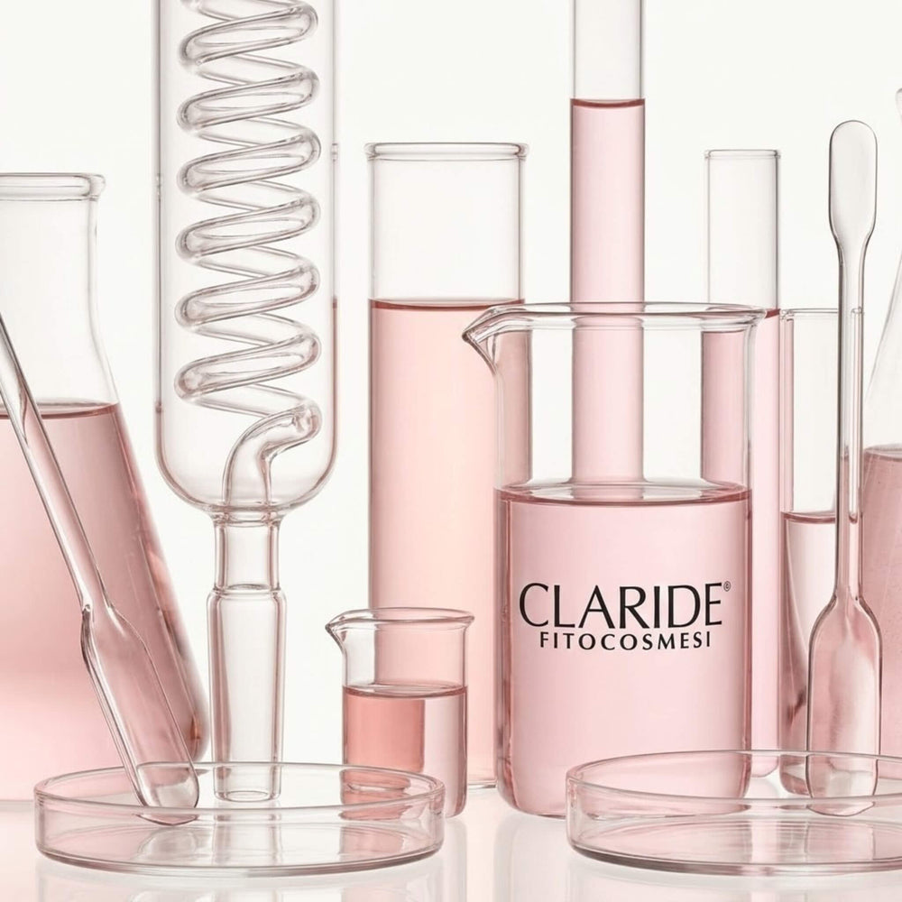 Un'ampia composizione macro a livello degli occhi di vari bicchieri di laboratorio trasparenti, flaconi e provette pieni di liquidi rosa tenue e rosa cipria, disposti su una superficie bianca pura con una composizione simmetrica e un'illuminazione morbida da studio.