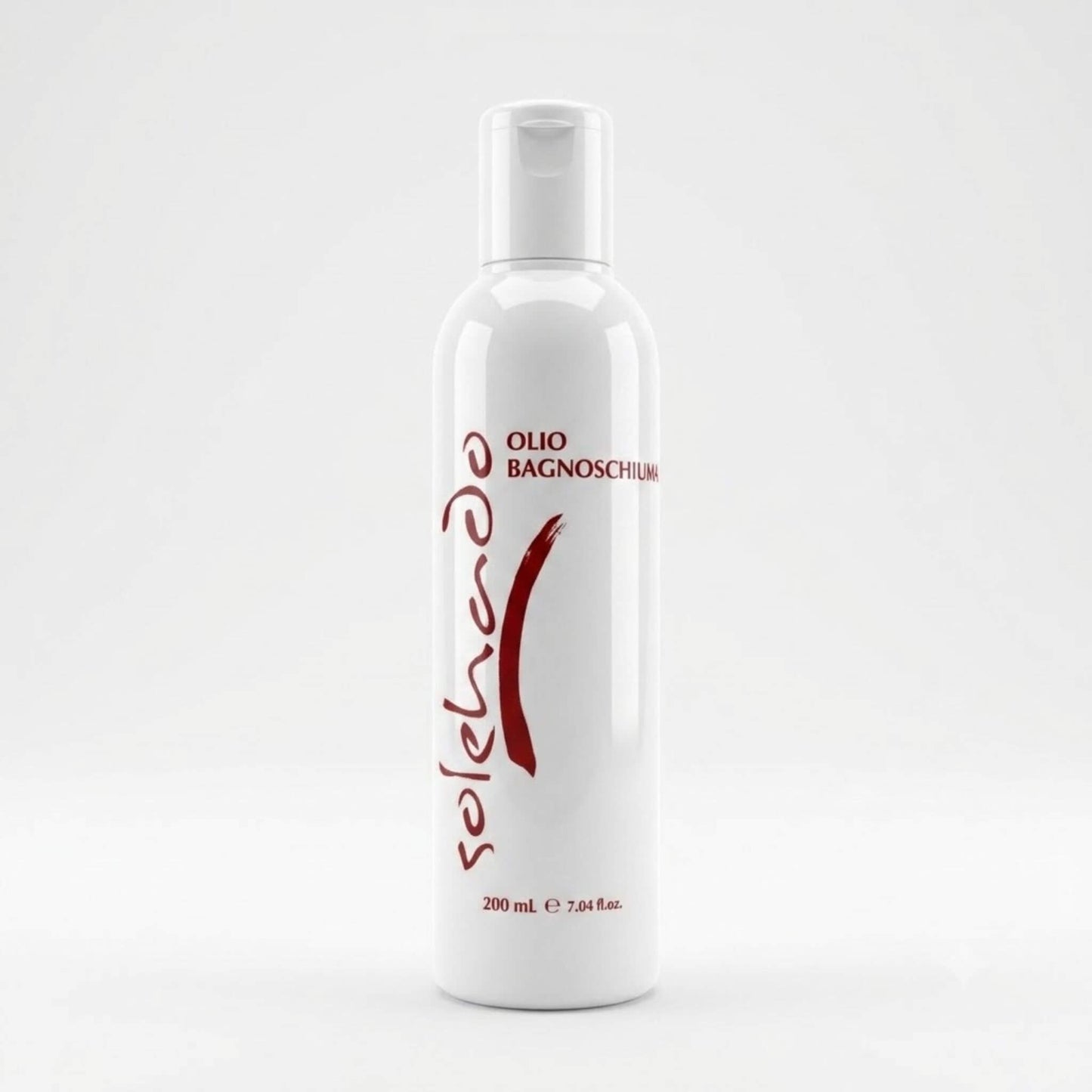 Flacone bianco da 200ml dell'Olio Bagnoschiuma, linea solare Solehado di Claride Fitocosmesi. Detergente corpo restitutivo ad azione delicata, ideale per rimuovere sale e filtri solari proteggendo l'abbronzatura e nutrendo la pelle, su fondo bianco.