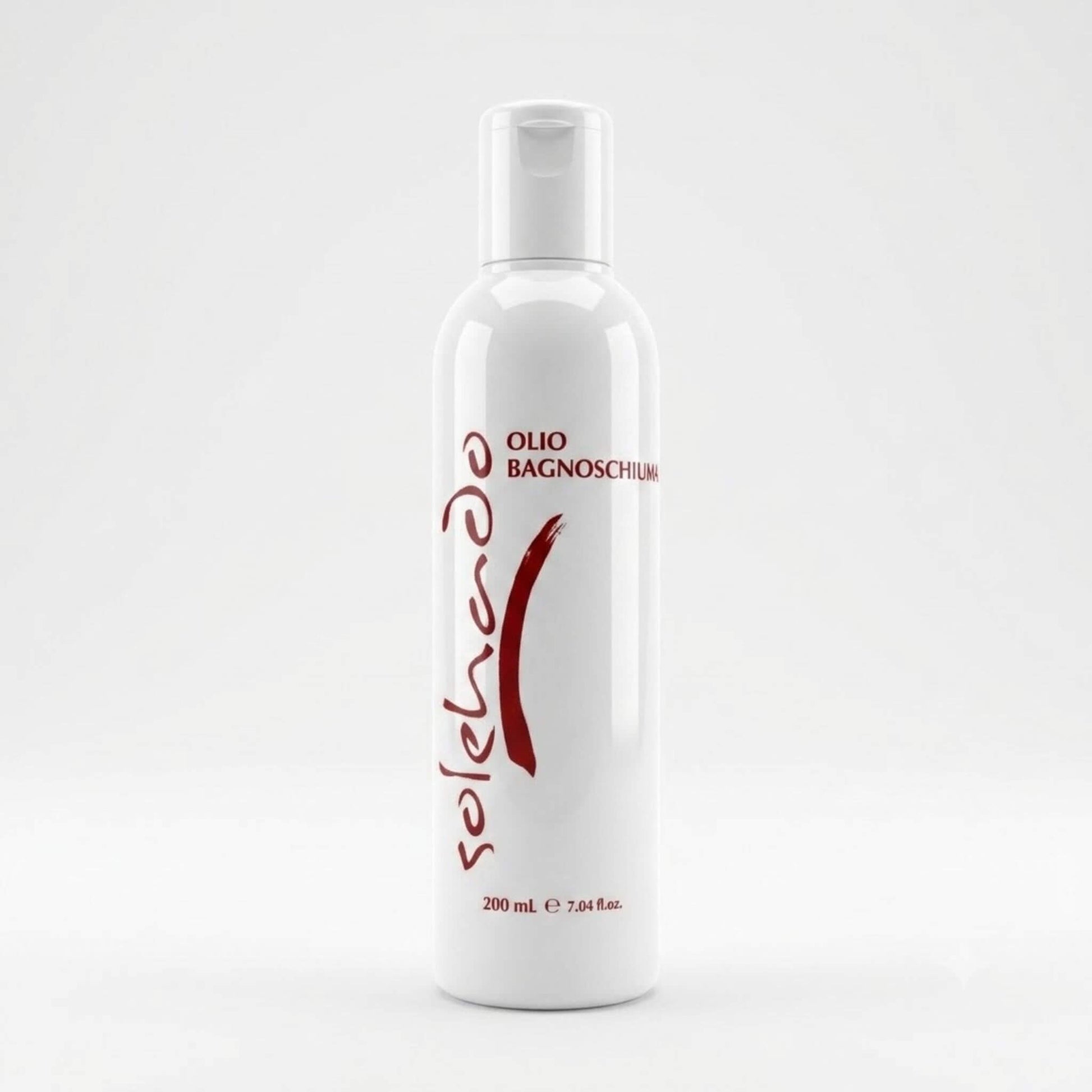 Flacone bianco da 200ml dell'Olio Bagnoschiuma, linea solare Solehado di Claride Fitocosmesi. Detergente corpo restitutivo ad azione delicata, ideale per rimuovere sale e filtri solari proteggendo l'abbronzatura e nutrendo la pelle, su fondo bianco.