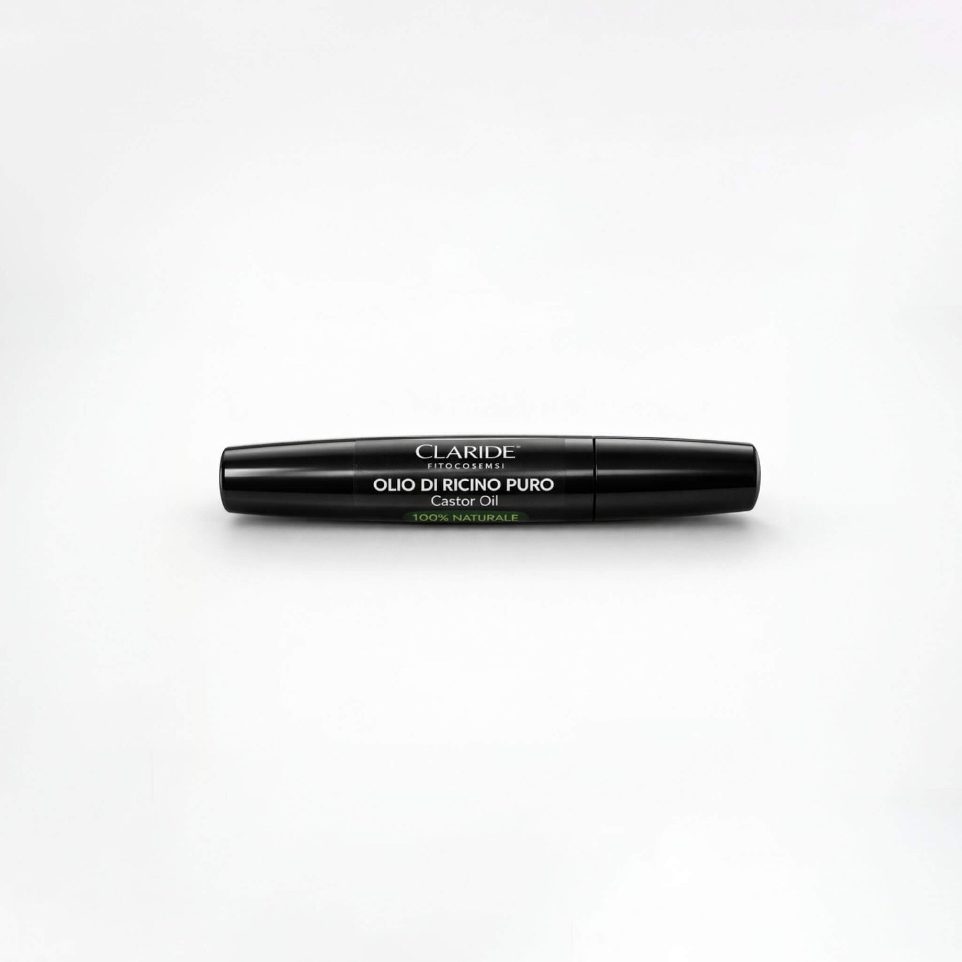Flacone cilindrico nero lucido di Olio di Ricino Puro Claride Fitocosmesi con applicatore a scovolino per ciglia e sopracciglia. Scritta 100% Naturale in evidenza.