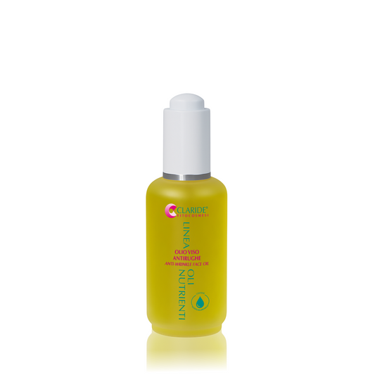 Flacone con contagocce dell'Olio Viso Antirughe Claride Fitocosmesi, un siero nutriente e rigenerante per pelli mature, secche o spente.