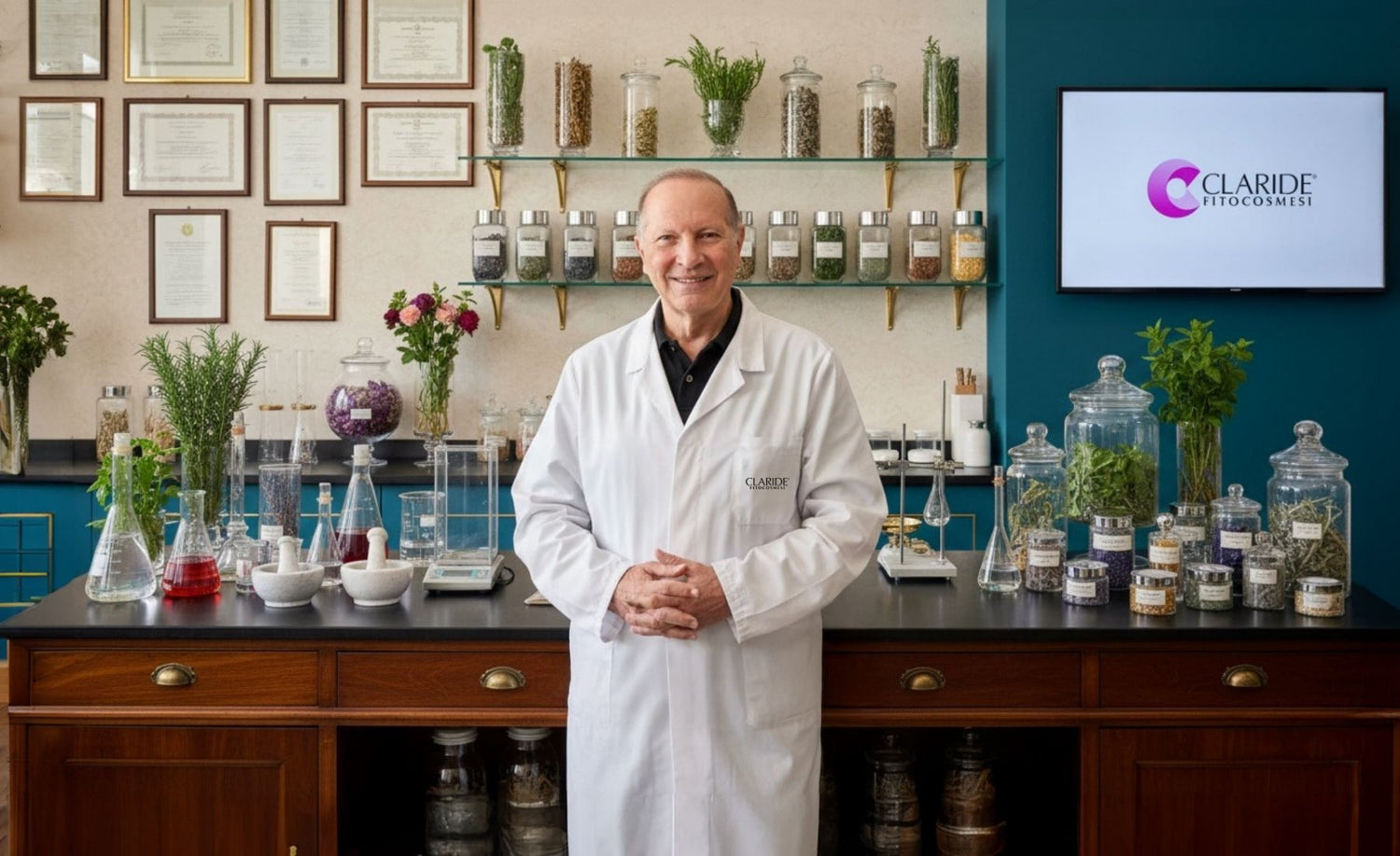 Salvatore Spoto, fondatore di Claride Fitocosmesi, in un laboratorio che mostra l'impegno del brand per gli ingredienti naturali e a base di piante.