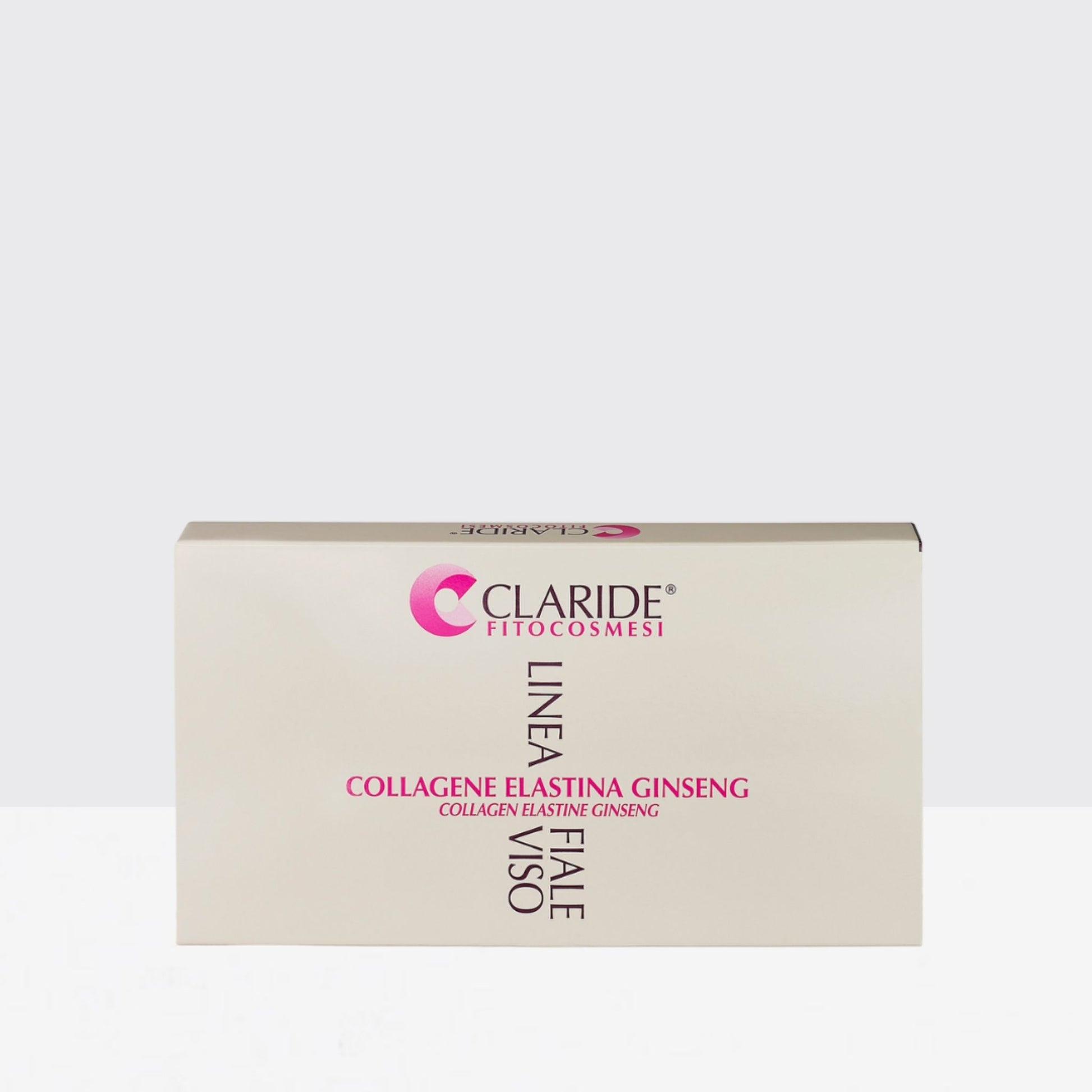 Confezione da 10 fiale di Claride Fitocosmesi per un trattamento viso e décolleté con collagene, elastina e ginseng.