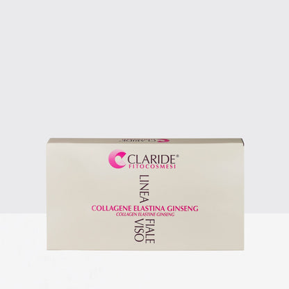 Confezione da 10 fiale di Claride Fitocosmesi per un trattamento viso e décolleté con collagene, elastina e ginseng.