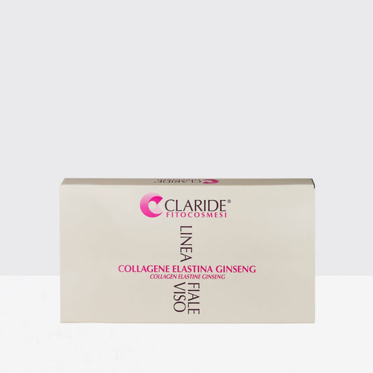Confezione da 10 fiale di Claride Fitocosmesi per un trattamento viso e décolleté con collagene, elastina e ginseng.