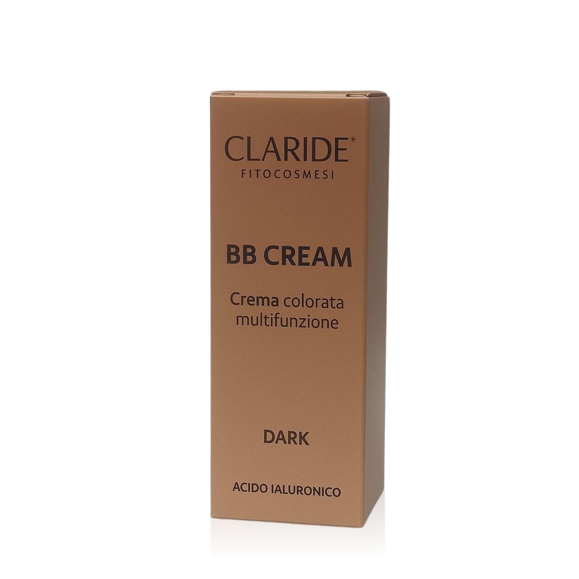 Primo piano della scatola esterna marrone di Claride Fitocosmesi BB Cream, Crema colorata multifunzione nella tonalità DARK, con indicazione 'Acido Ialuronico'.