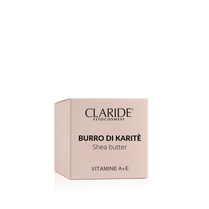 Scatola del Burro di Karitè con Vitamine A+E della linea Claride Fitocosmesi, su sfondo bianco.