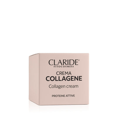 Scatola della crema al collagene e proteine attive di Claride Fitocosmesi su sfondo bianco.