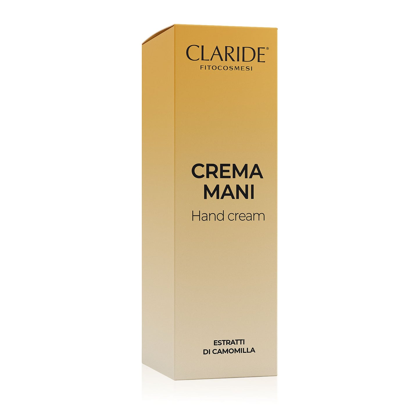 Scatola color ocra della crema mani agli estratti di camomilla di Claride Fitocosmesi, su sfondo bianco.