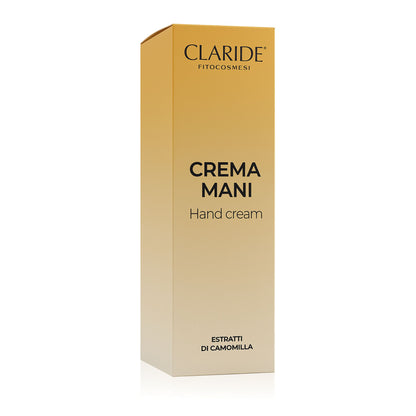 Scatola color ocra della crema mani agli estratti di camomilla di Claride Fitocosmesi, su sfondo bianco.