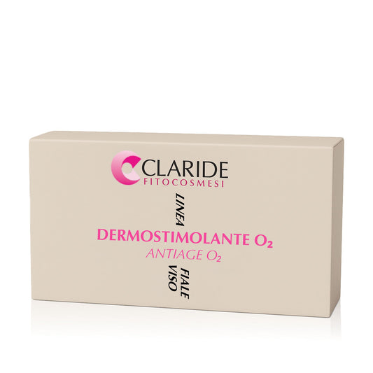 Scatola delle Fiale Viso Dermostimolante O₂ di Claride Fitocosmesi, trattamento antiage ossigenante e rivitalizzante.
