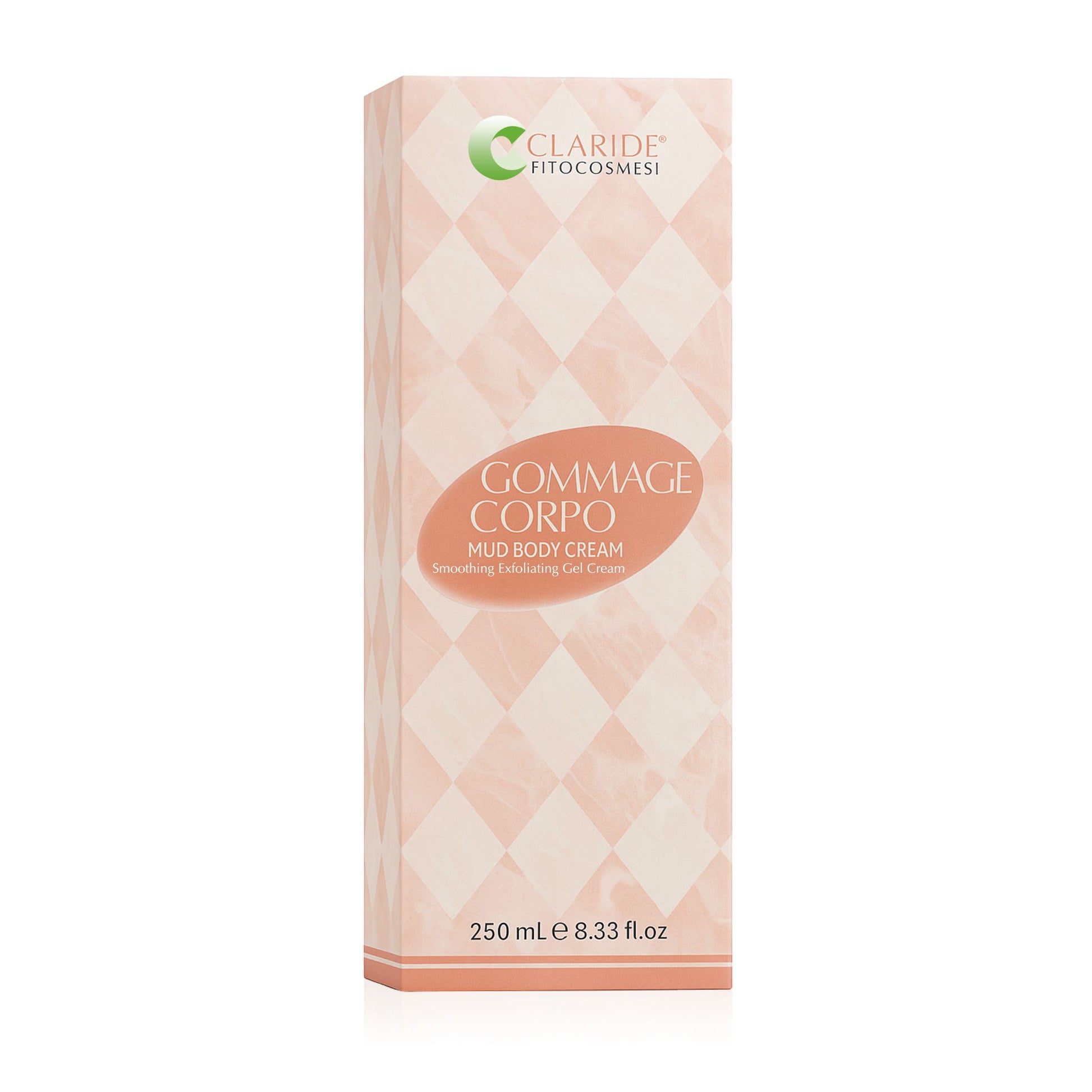 Scatola del Gommage Corpo Mud Body Cream di Claride Fitocosmesi, un gel-crema levigante ed esfoliante da 250 ml, su sfondo bianco.