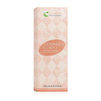 Scatola del Gommage Corpo Mud Body Cream di Claride Fitocosmesi, un gel-crema levigante ed esfoliante da 250 ml, su sfondo bianco.