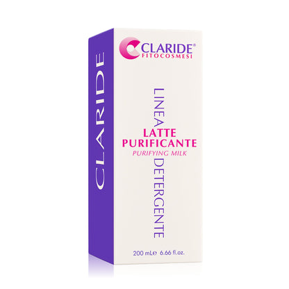 Scatola del Latte Detergente Purificante di Claride Fitocosmesi, struccante viso per pelli miste e impure da 200 ml.