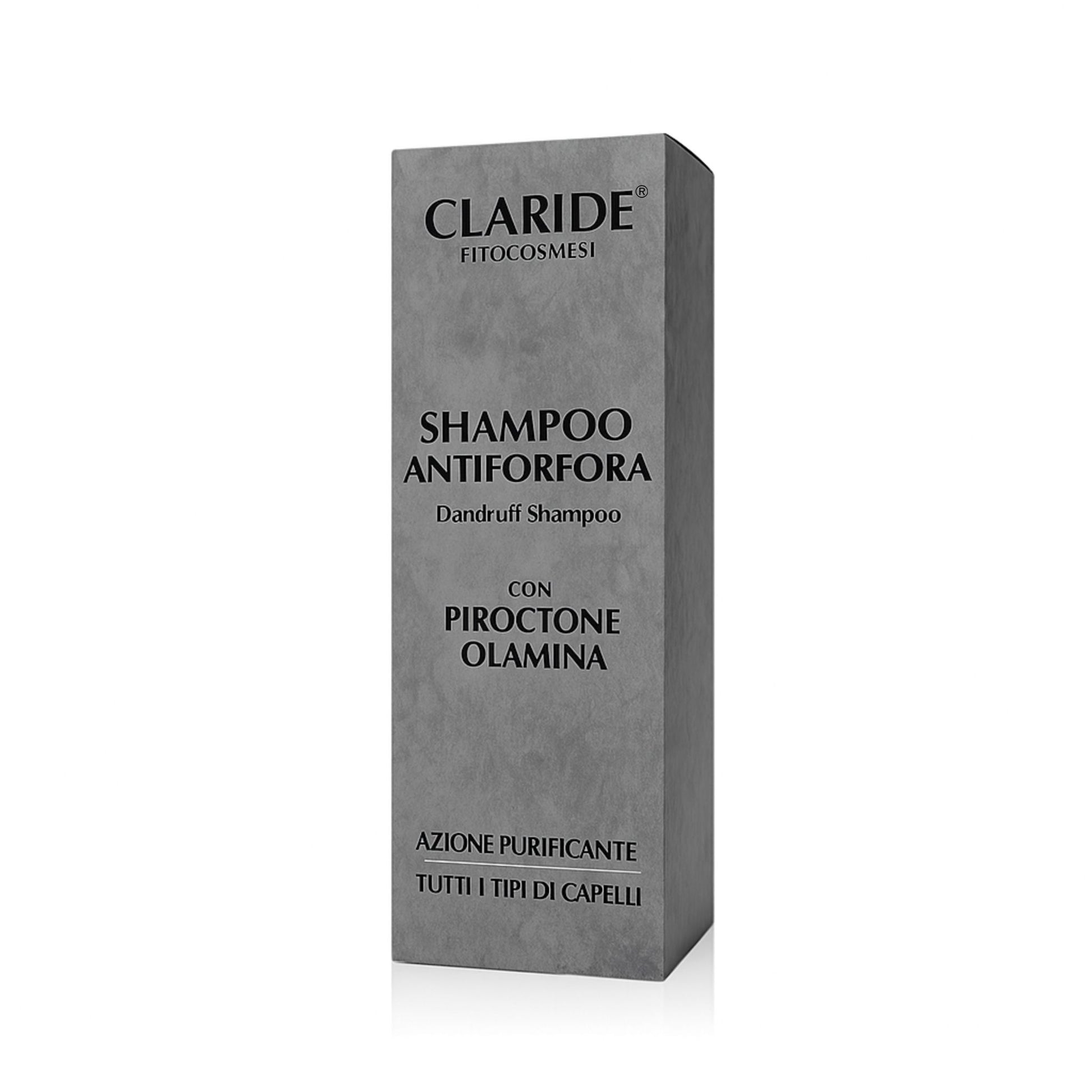 Scatola dello Shampoo Antiforfora purificante di Claride Fitocosmesi con Piroctone Olamina, per tutti i tipi di capelli.