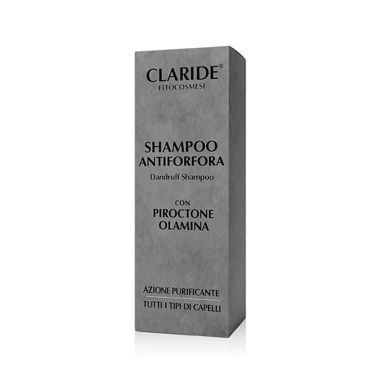 Scatola dello Shampoo Antiforfora purificante di Claride Fitocosmesi con Piroctone Olamina, per tutti i tipi di capelli.