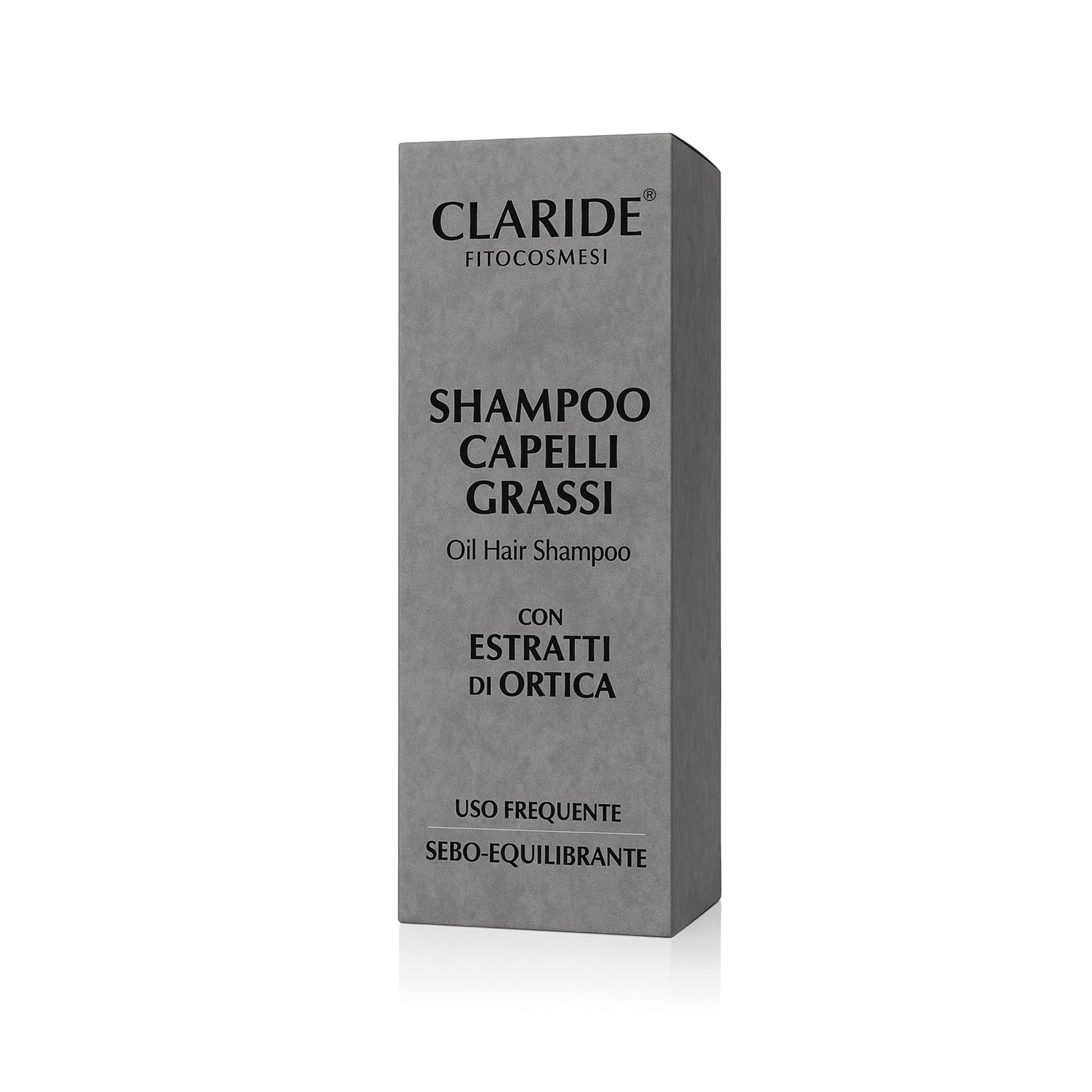 Scatola dello Shampoo per Capelli Grassi di Claride Fitocosmesi, ad azione sebo-equilibrante con estratti di Ortica.