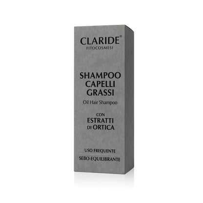 Scatola dello Shampoo per Capelli Grassi di Claride Fitocosmesi, ad azione sebo-equilibrante con estratti di Ortica.