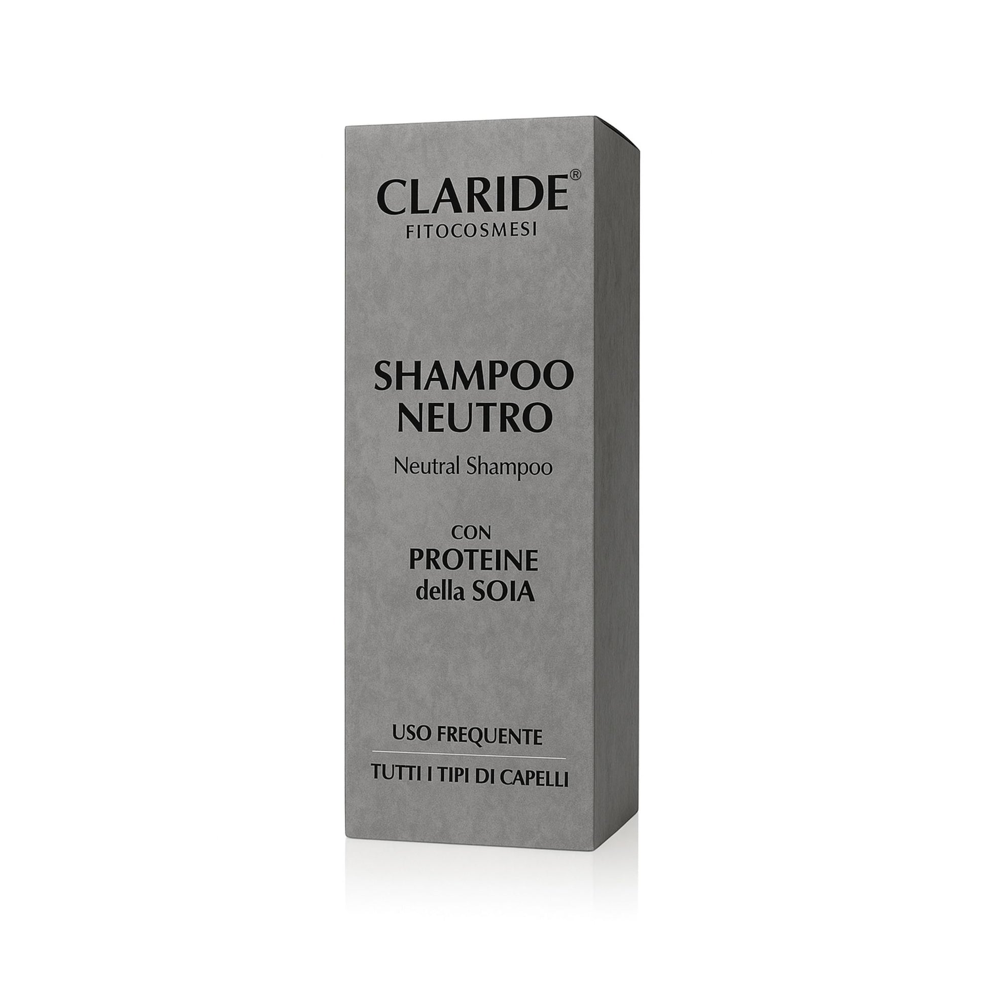Scatola dello Shampoo Neutro di Claride Fitocosmesi con Proteine della Soia, ideale per lavaggi frequenti e per tutti i tipi di capelli.