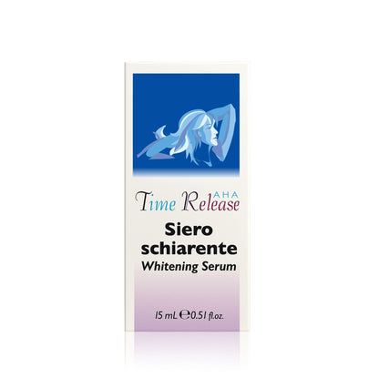 Confezione del Siero Schiarente Whitening Serum della linea Time Release AHA di Claride Fitocosmesi, in formato da 15 ml, su sfondo bianco.