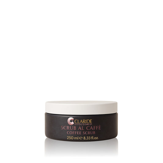 Vaso dello Scrub corpo al Caffè e Mandorle Claride Fitocosmesi da 250 ml. Trattamento esfoliante e nutriente per il rinnovamento cutaneo, aiuta a tonificare la pelle e a ridurre la visibilità della cellulite.