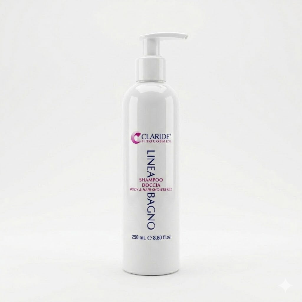 Flacone bianco da 250ml con pratico dosatore a pompetta dello Shampoo Doccia Claride Fitocosmesi. Detergente 2 in 1 (Body & Hair Shower Gel) formulato per la detersione delicata e frequente di corpo e capelli, su fondo bianco.
