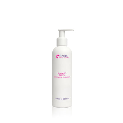Flacone di Shampoo Doccia per corpo e capelli di Claride Fitocosmesi con dosatore da 250 ml.