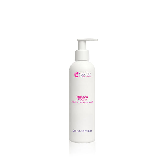 Flacone di Shampoo Doccia per corpo e capelli di Claride Fitocosmesi con dosatore da 250 ml.