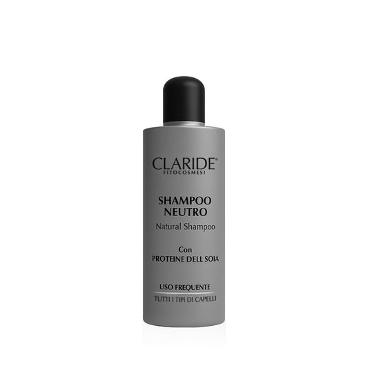 Flacone da 200 ml di Shampoo Neutro Extra Delicato Claride Fitocosmesi con Proteine della Soia, ideale per lavaggi frequenti e per il cuoio capelluto sensibile di tutta la famiglia.