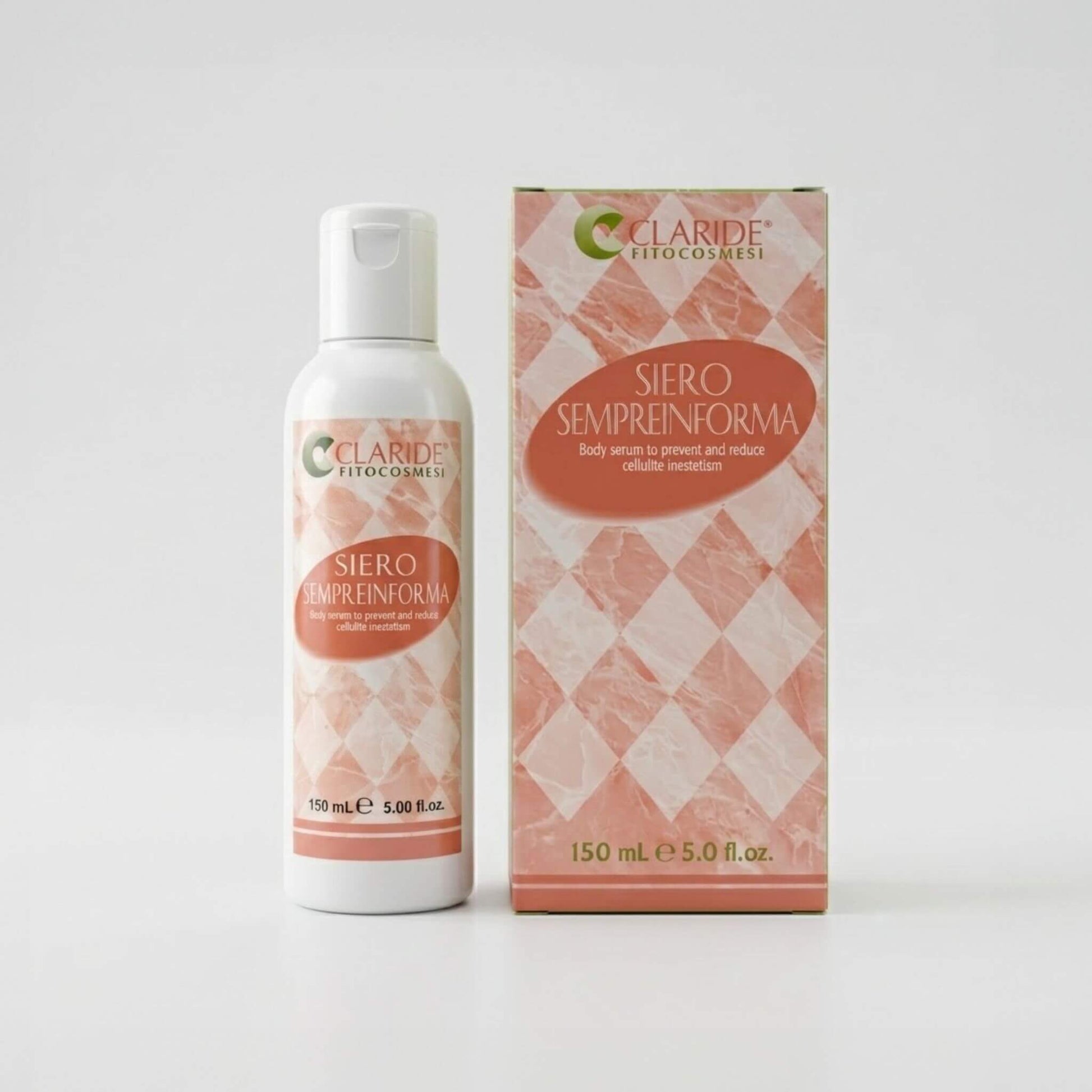 Flacone e scatola con motivo a rombi color pesca del Siero Corpo Sempreinforma Claride Fitocosmesi. Trattamento cosmetico fluido e intensivo studiato per prevenire e ridurre gli inestetismi della cellulite e rassodare i tessuti, su fondo bianco neutro.