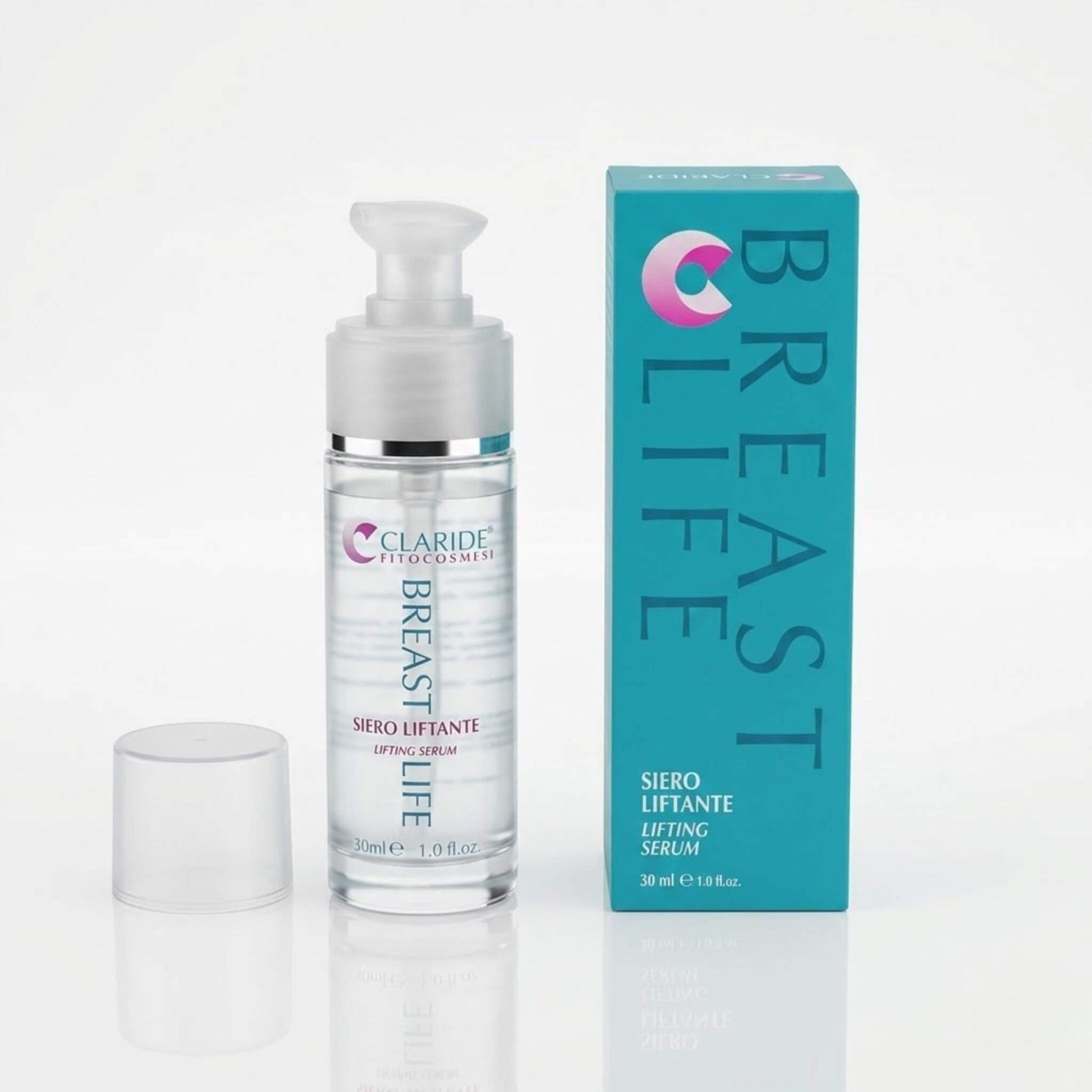 Flacone trasparente da 30ml con erogatore a pressione e scatola color ottanio del Siero Liftante Breast Life di Claride Fitocosmesi. Trattamento intensivo rassodante ed elasticizzante specifico per il tono di seno e décolleté, su fondo bianco con riflesso.