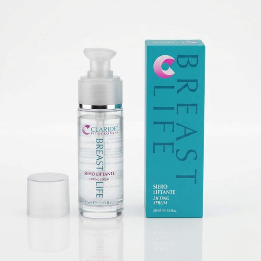 Flacone trasparente da 30ml con erogatore a pressione e scatola color ottanio del Siero Liftante Breast Life di Claride Fitocosmesi. Trattamento intensivo rassodante ed elasticizzante specifico per il tono di seno e décolleté, su fondo bianco con riflesso.